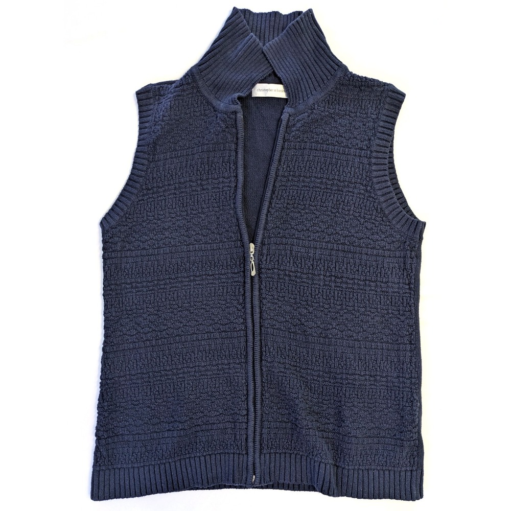 Christopher & Banks Navy Blue Full Zip Cotton Knit Sweater Vest Mock Neck L